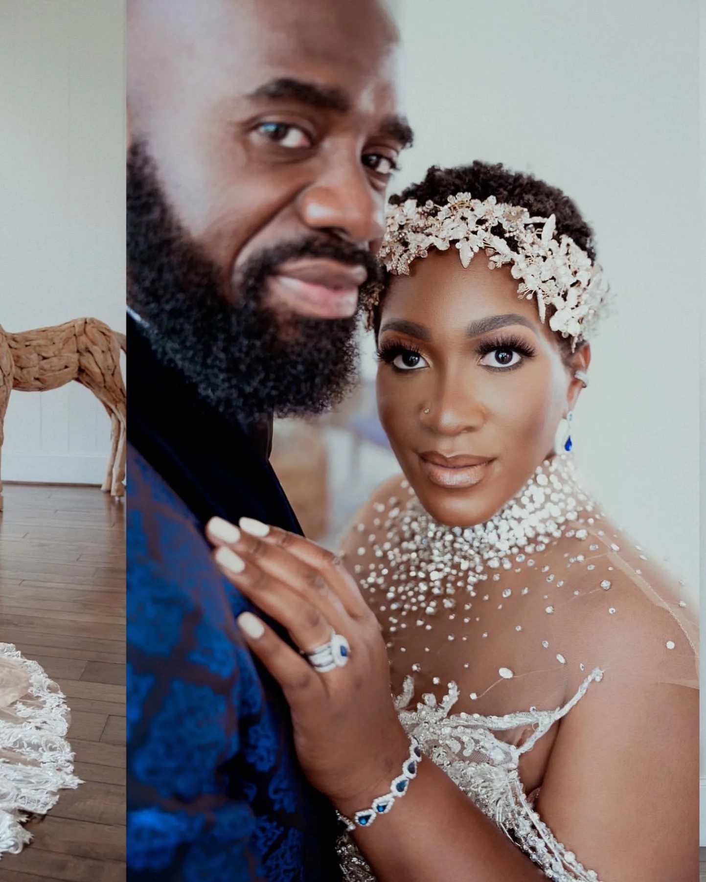 Aso Ebi Arabic Plus Size Mermaid Bridal Gown in Champagne with Full Lace Crystals Detachable Train and Illusion Design