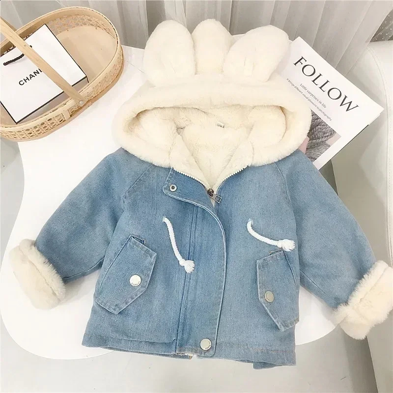 Autumn Winter Thick Warm Kid Denim Coat Baby Girls Cute Rabbit Ears Hooded Velvet Fur Jackets Outerwear Children Overcoat 16Y 251027