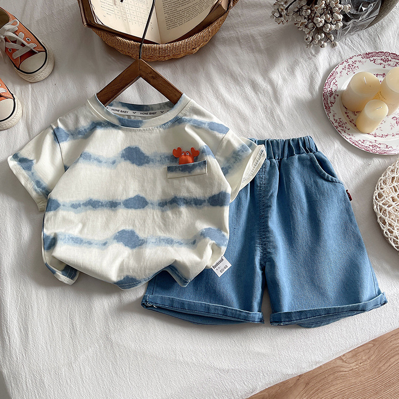 Free Shipping 2025 Boys Summer Outfit, Crab Print Stripe Short Sleeve 2-Piece Set, Casual Beach Clothing for Baby Boy & Toddler