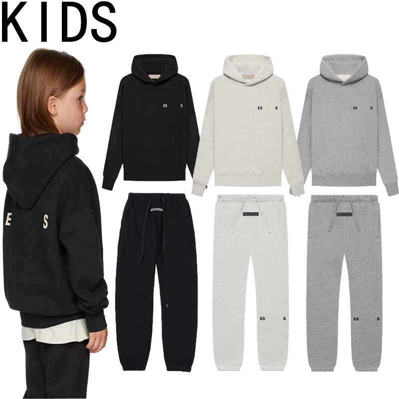 Kids Essential Hoodie Boys Girls Pants Oversize Loose Classic Flocking 3D Letter Pullover Skateboard Baseball Fleece Clothing Set Trousers Black Dark Gray a2