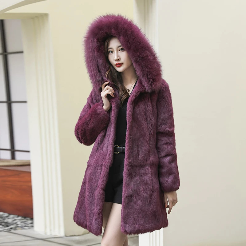 Winter Natural Fur Full Pelt Rabbit Fur Coat with Fox Fur Hooded Collar Women Fox Fur Jacket Customize Big Size 251027