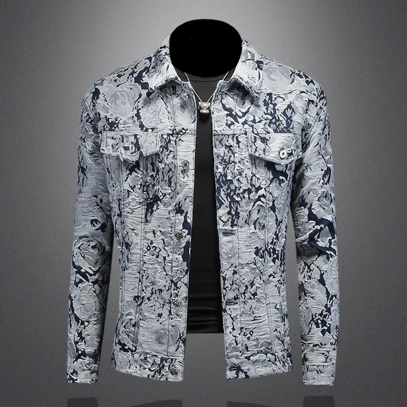 High Quality Spring Autumn Mens Denim Jacket Casual Long Sleeve Single Breasted Ripped Lapel Trendy Jacquard Plus Size 251017