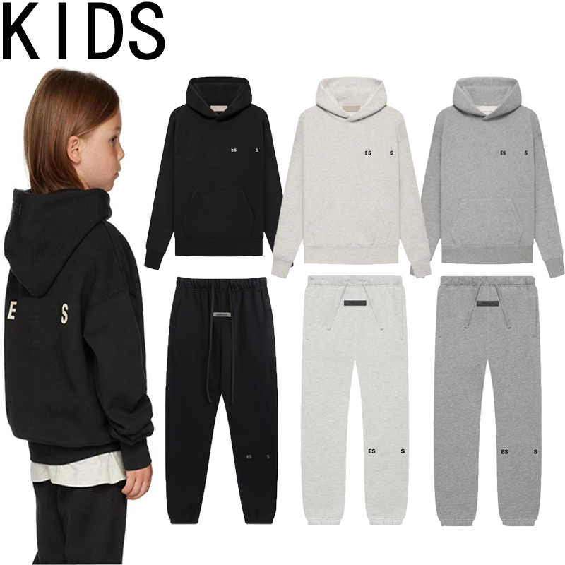 Kids Essential Hoodie Boys Girls Pants Oversize Loose Classic Flocking 3D Letter Pullover Skateboard Baseball Fleece Clothing Set Trousers Black Dark Gray