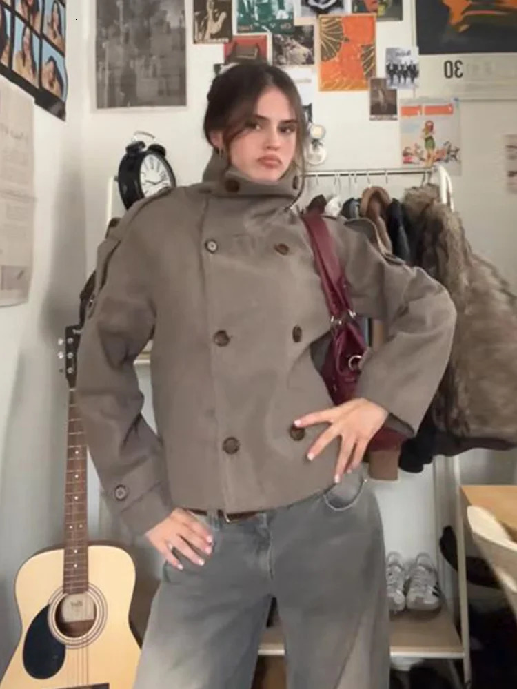 Casual Turtleneck Womens Woolen Coats Stand Collar Double Breasted Long Sleeve Pockets Jackets Autumn Winter Lady Outwear 251023