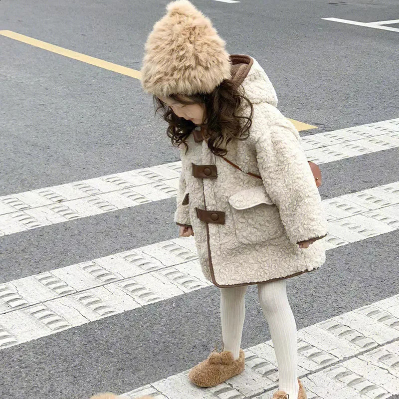 Girls Berber Fleece Jacket Autumn Winter Long Style Solid Color Thick Warm Hooded Jacket For 26Y Single Breasted Outwear 251027