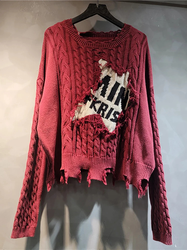 DEAT Womens Sweater Loose Patchwork Letters Distressed Long Sleeve Knitted Tassel Pullover Summer 2025 Fashion 29L8324 251027