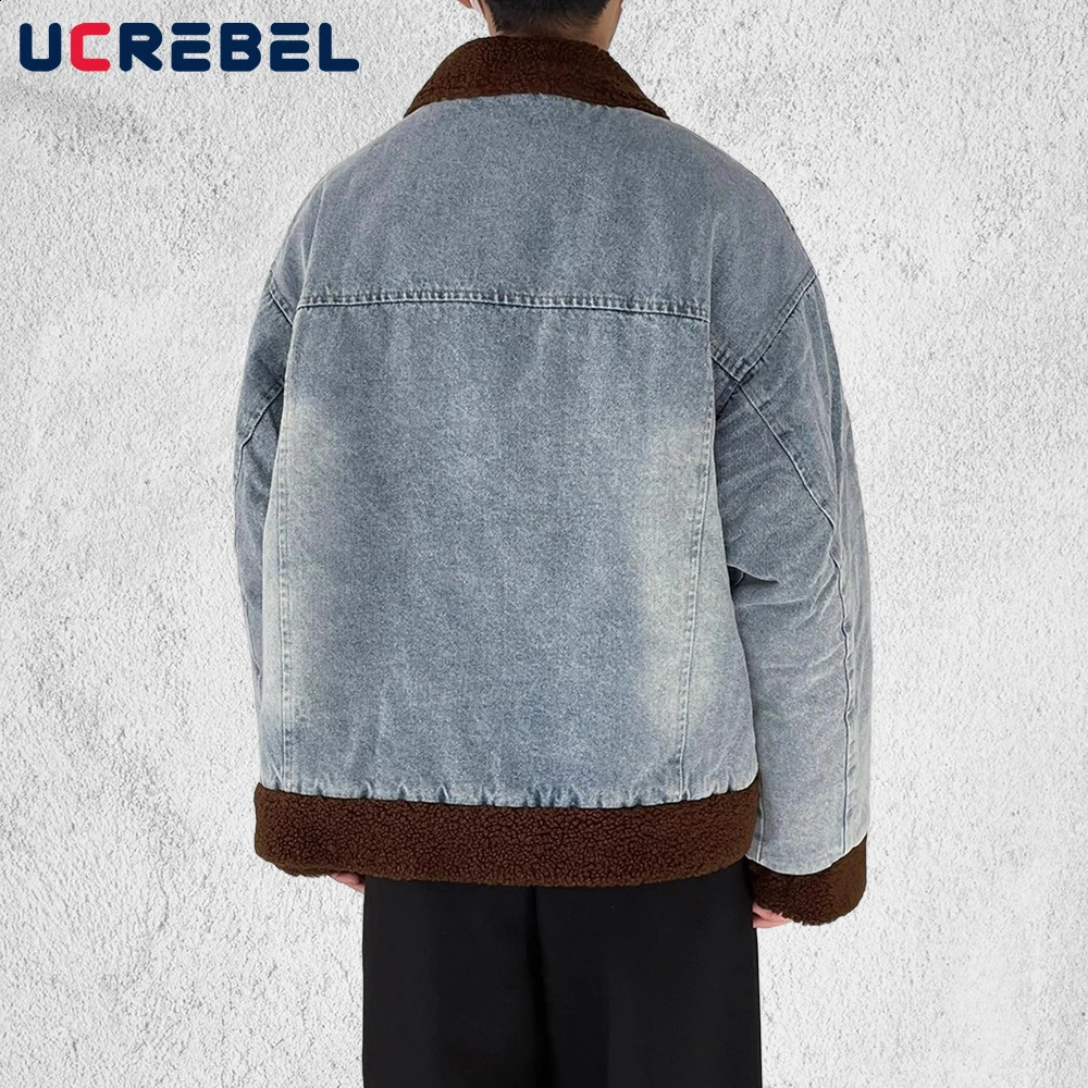 Sherpa Spliced Denim Padded Jacket Mens Pocket Winter High Street Washed Distressed Lapel Long Sleeve Thick Outerwear Man 251017