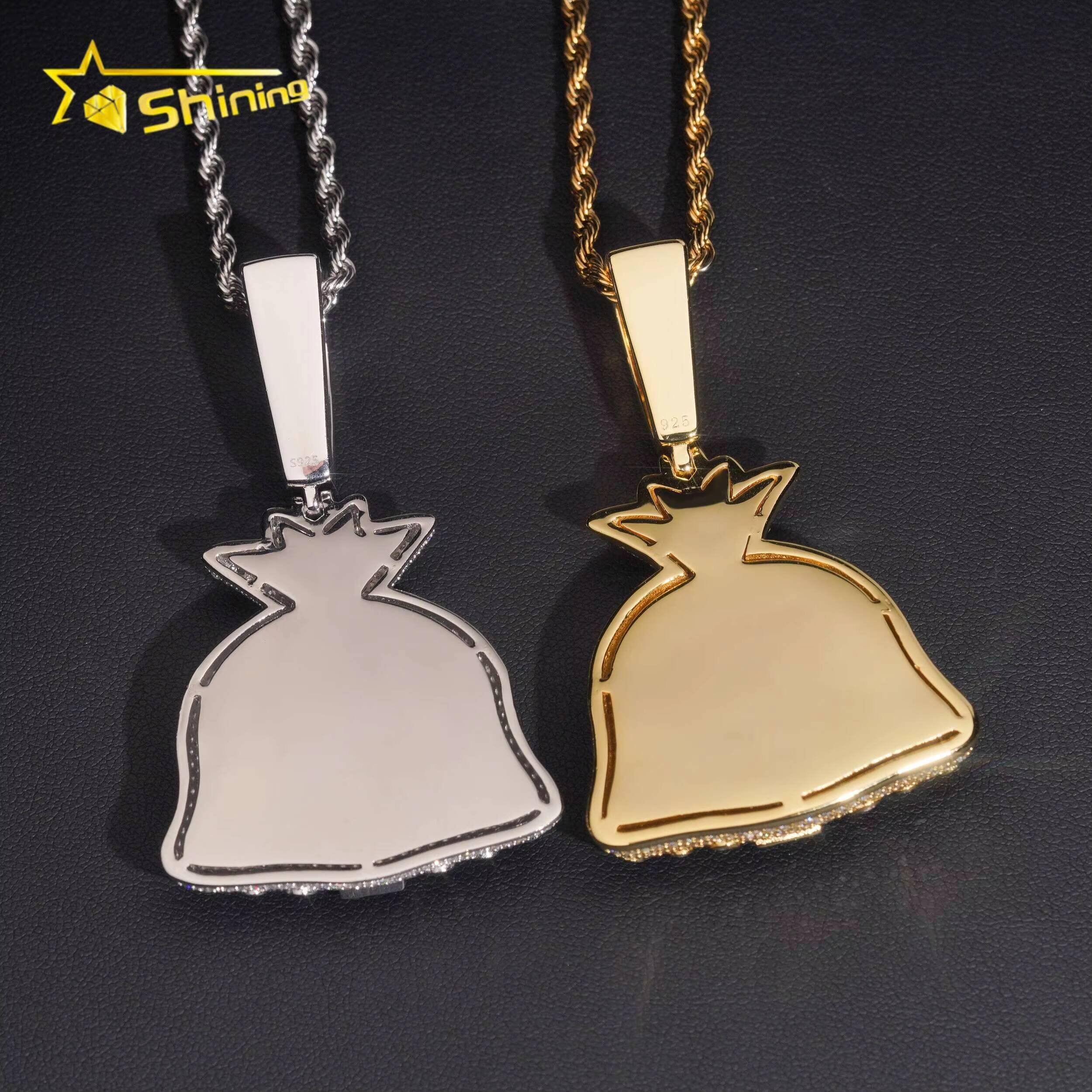 Iced Out Moissanite Dollar Symbol Charm 925 Sterling Silver Gold Plated Moneybag Moissanite Hip Hop Pendant