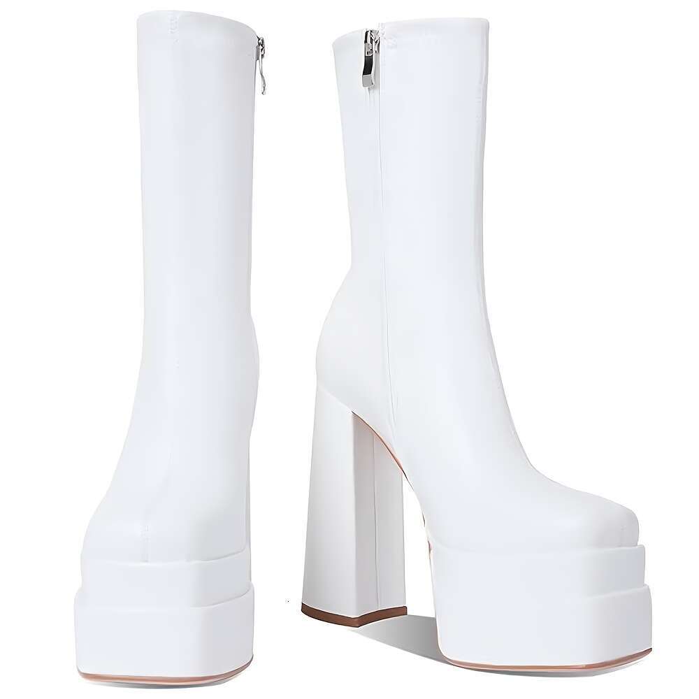 Elegant Women's White Platform Ankle - Chunky Heels With Square Toe, Side Zipper, PU Cover, Perfect For Winter Dress-Up Ocns, Casual Chic Boots|C