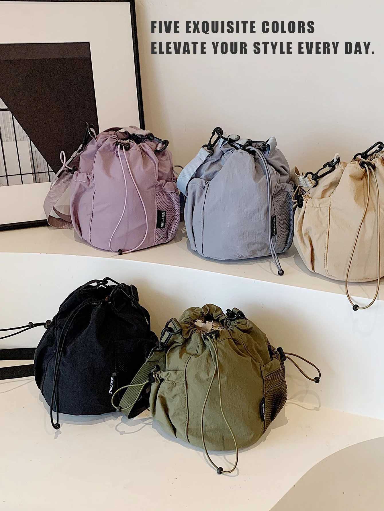 KStyle Niche Nylon Bag for Women 2025 Lightweight and Versatile Ins Crossbody Bag Drawstring Bucket Mobile Phone BagW251028