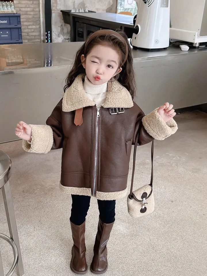 Baby Girl Clothes Windbreak Jacket Kids Girls PU Leather Lamb Wool Outerwear For Autumn Winter Warm Thicking Children Coats Tops 251027