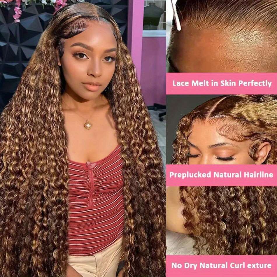 250% Density 13X4 HD Transparent Lace Front Human - Ombre Honey Blonde To Darker Brown Kinky Deep Curly With Pre-Plucked Baby Hair, Vacation Style Nat