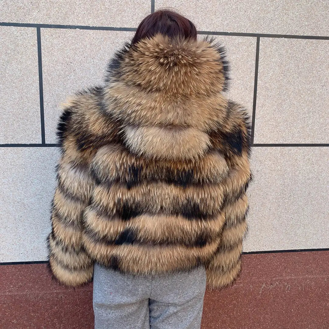 Womens raccoon hooded fur coat and natural fox fur hooded coat winter warm coat fashionable and fluffy 251027