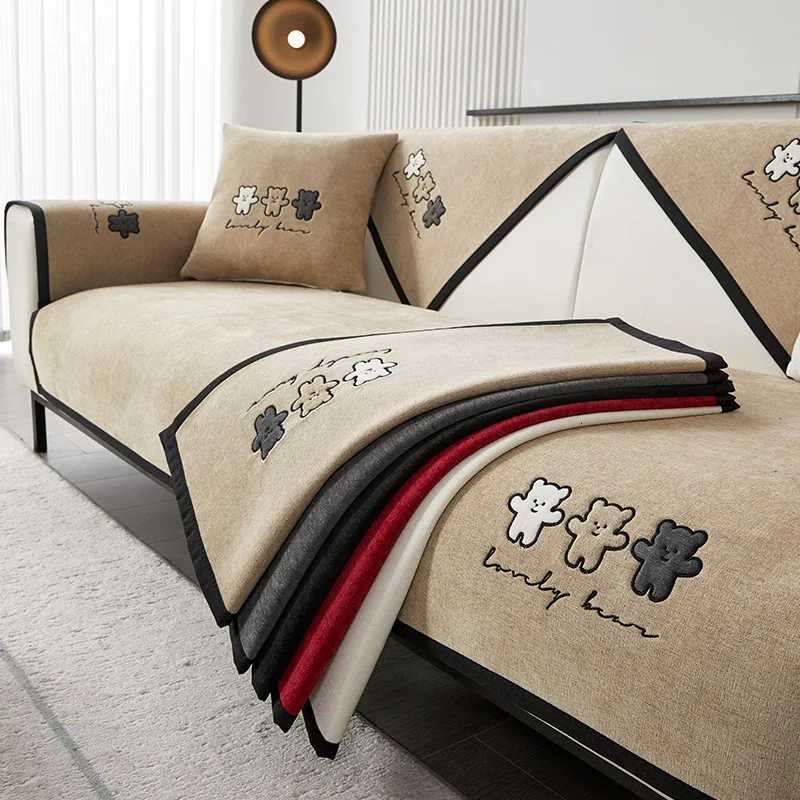Winter Chenille Sofa Cover Thicken Warm Sofa Mat Covers for Living Room Solid Color Antislip Cartoon Embroidered Couch Cover C251028