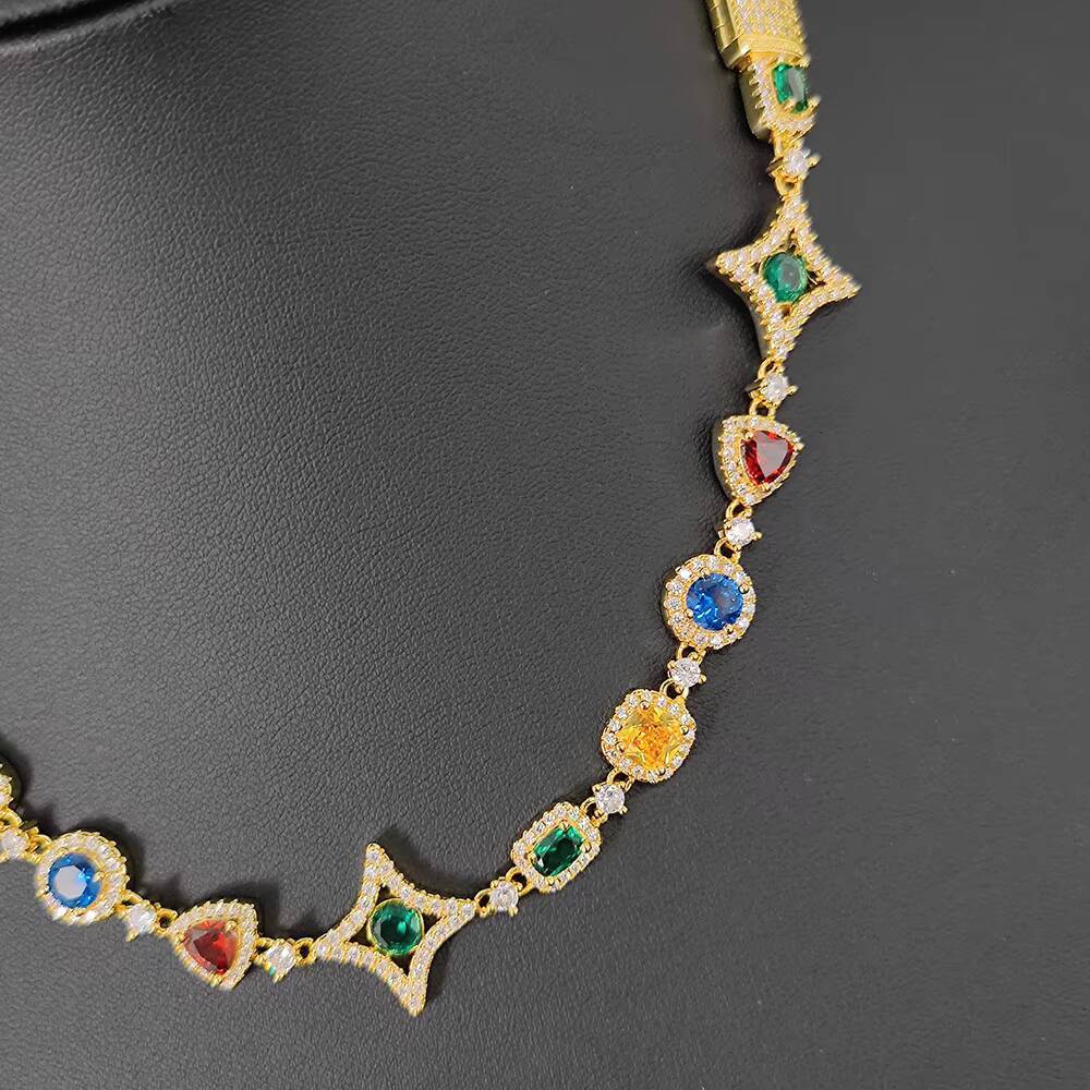 New Arrival Colorful Gemstone Chain for Women 18K Gold Plated Colored Moissanite Geometry Motif Link Necklace Hip Hop Jewelry