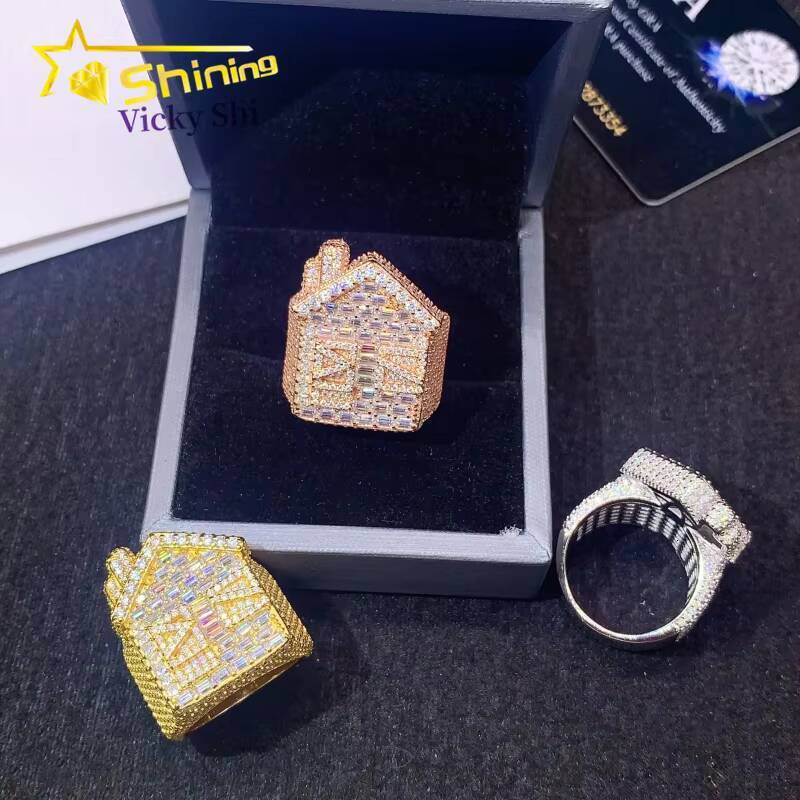 Fine Jewelry 925 Solid Silver House Style Iced Out Baguette Moissanite Diamond Ring Custom Moissanite Men Hip Hop Rings