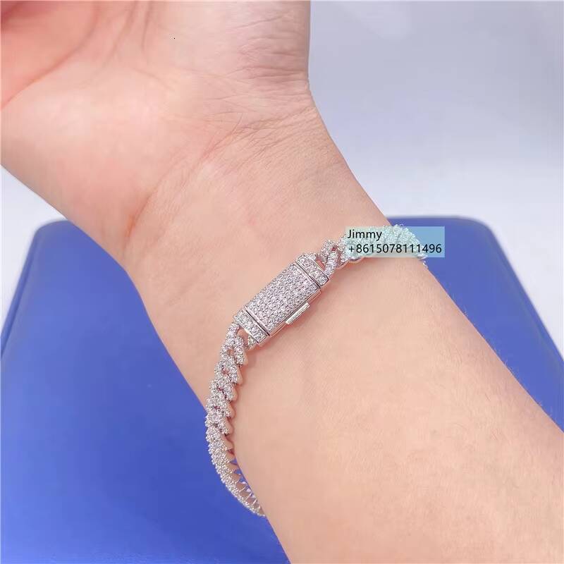 Hot Selling 6mm Moissanite Hip Hop Iced Jewelry 925 Sterling Silver Prong Setting VVS Moissanite Cuban Link Chain Bracelet