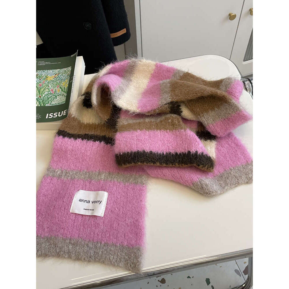 Mohair Scarf Peach Pink Striped Color Block Thickened Warm Autumn Winter Korean New Style Student Unisex