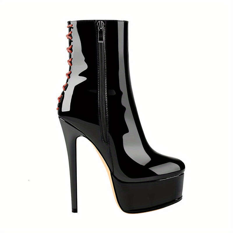 Black High-Heeled Cross Patterned Decorative Short Boots