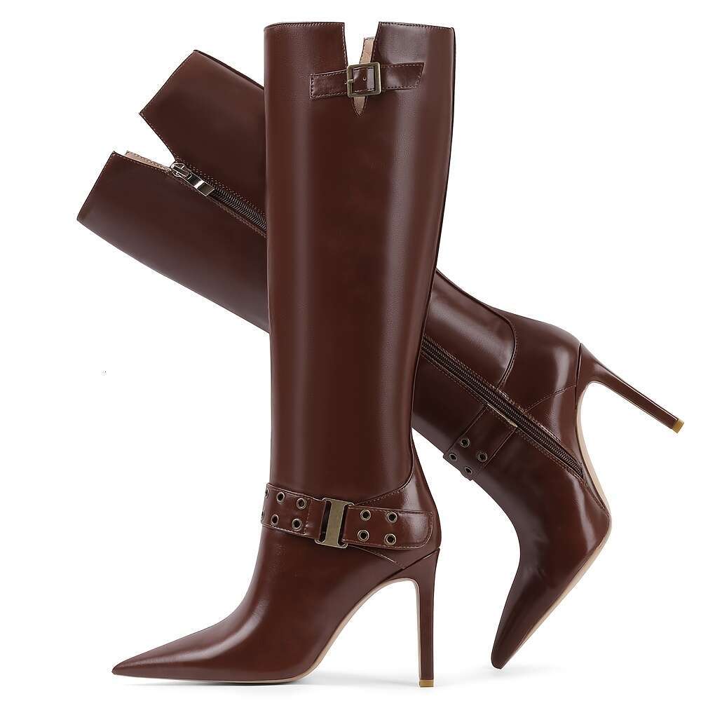Women's Pointed Toe Knee Fashion Punk Buckle Stiletto Thin High Heels Long Boots Woman Side Zipper Party Dress Office Sexy Shoes Lady