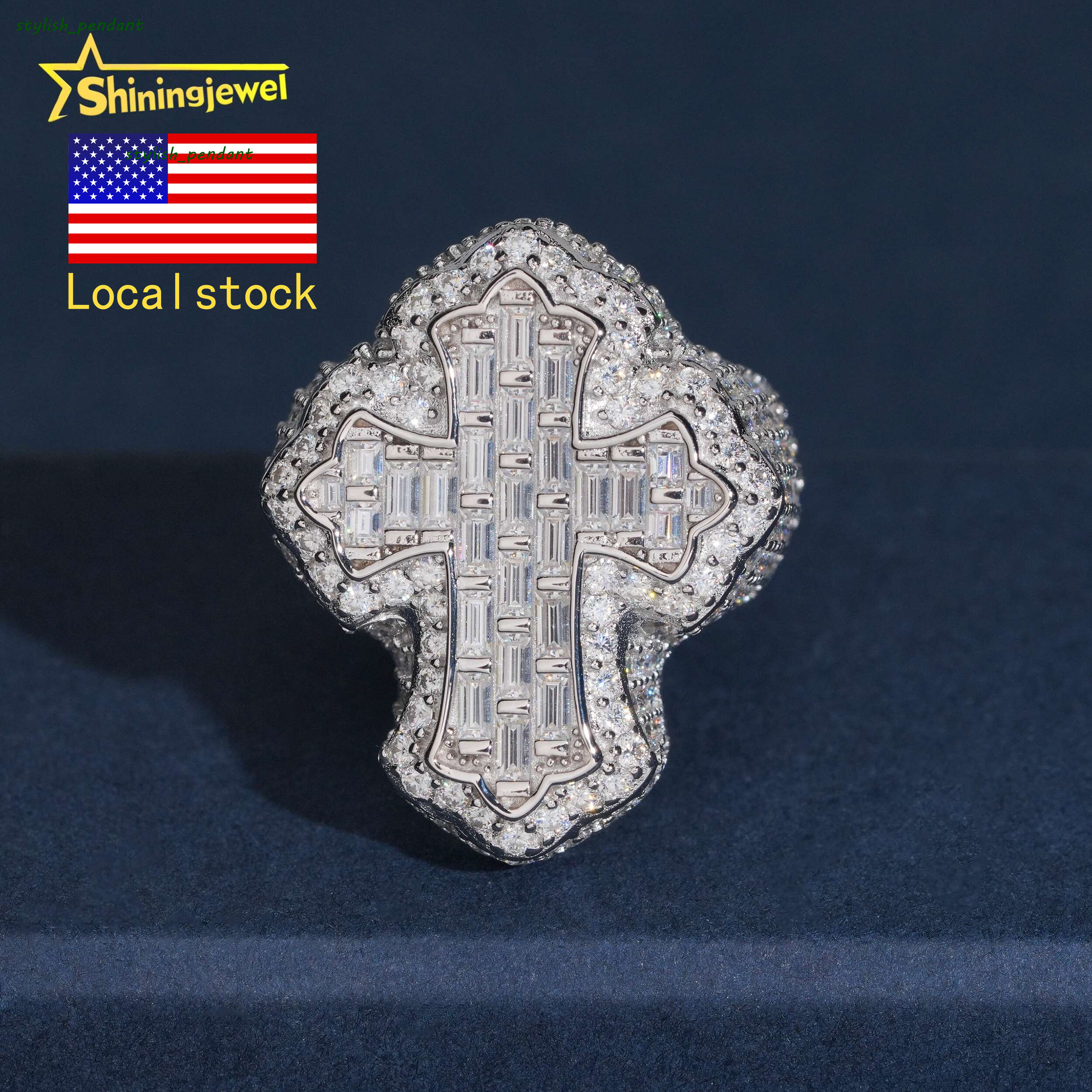 USA Warehouse Shipping 925 Silver Iced Out Baguette Moissanite Cross Ring Custom Hip Hop Moissanite Mens Ring Daily Wear