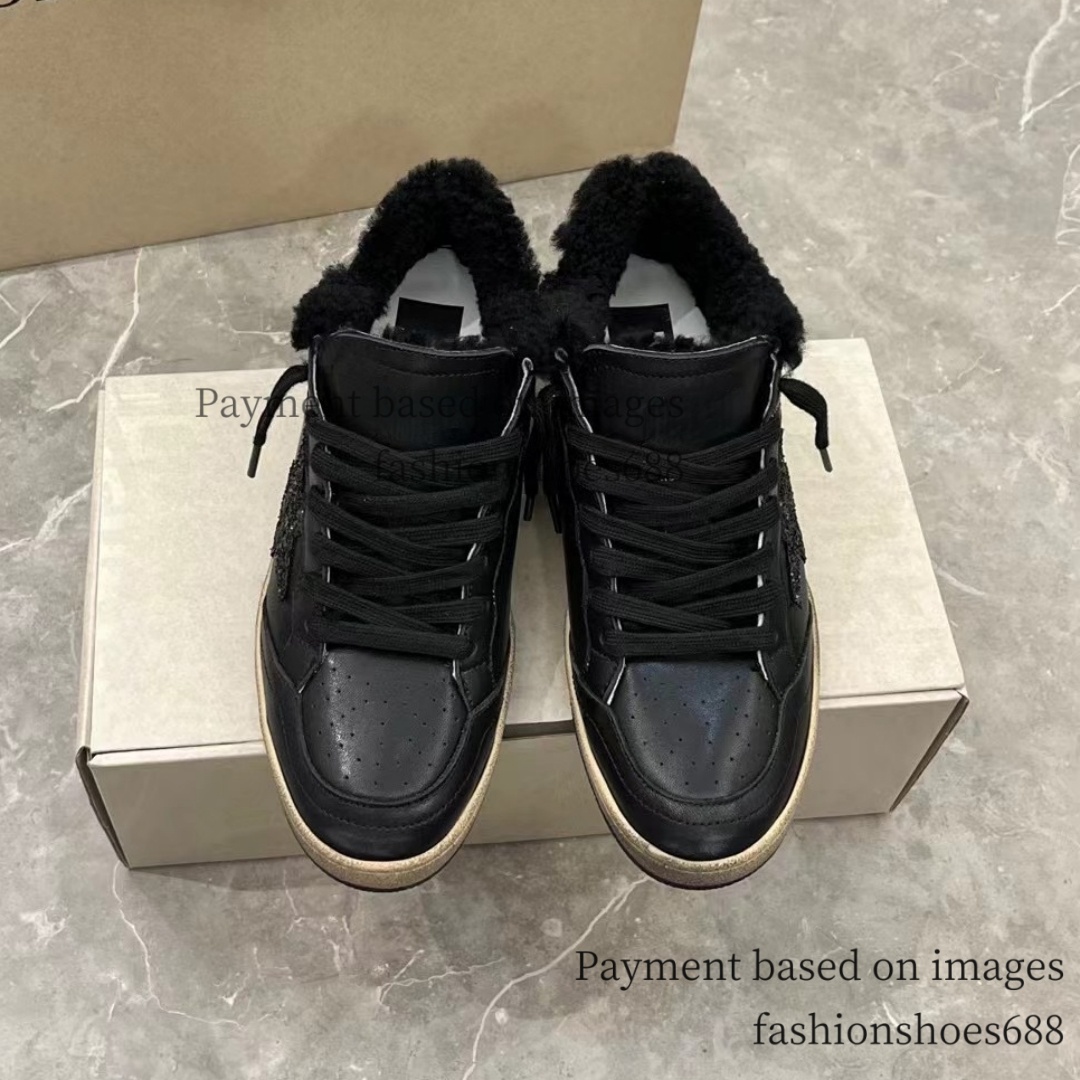 Black White leather lace up plush warm winter shoes for women high-end and luxurious designer flat bottomed half drag casual shoes sizes 35-46+box 10/10A