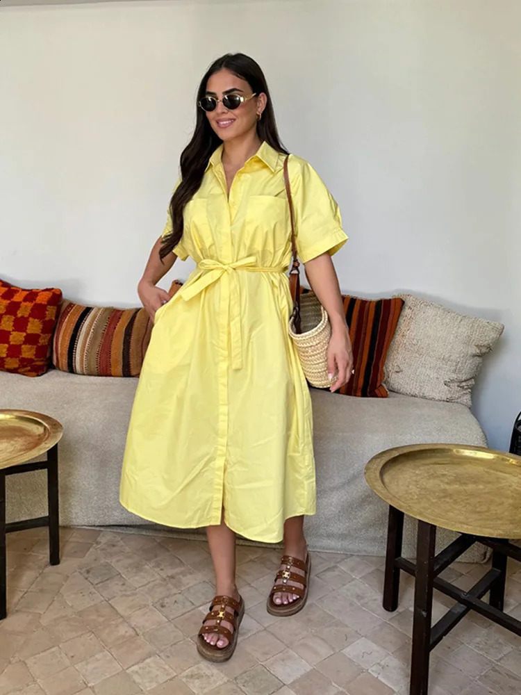 Summer Casual Lapel Shirt Dress Retro Lace Up Short Sleeved Womens Dress Elegant Single Breasted Solid Long Dress 251027