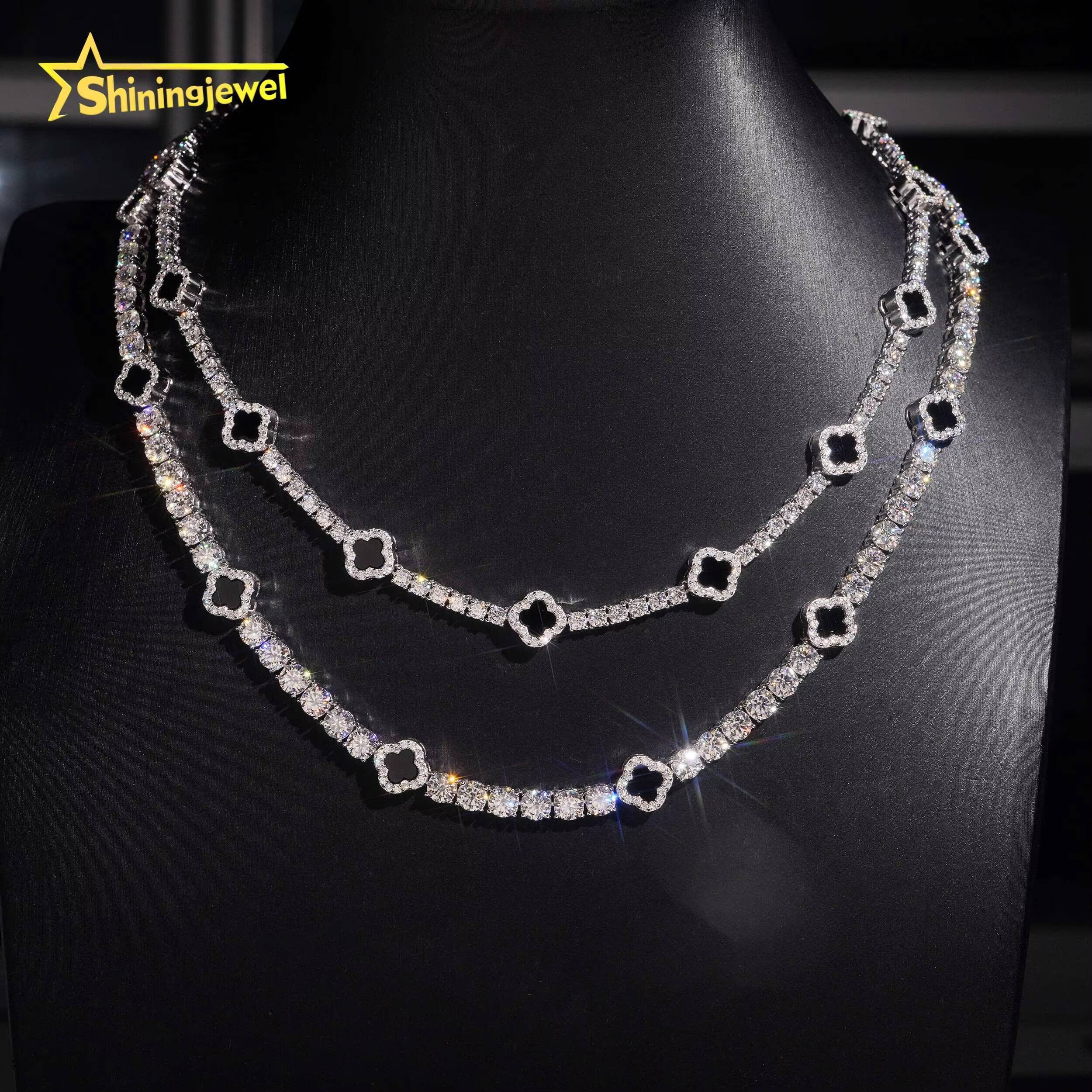 Ready Stocks 3mm 5mm Black Agate Clover Moissanite Tennis Necklace Bracelet Tennis Chain Moissanite 925 Solid Silver