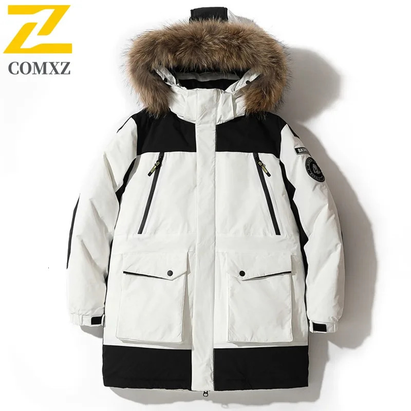 COMXZ Men Mid Length Down Jacket Big Fur Collar Workwear Winter Top Fashion Loose Fit Thermal Cold Proof White Duck Down Coat 251023