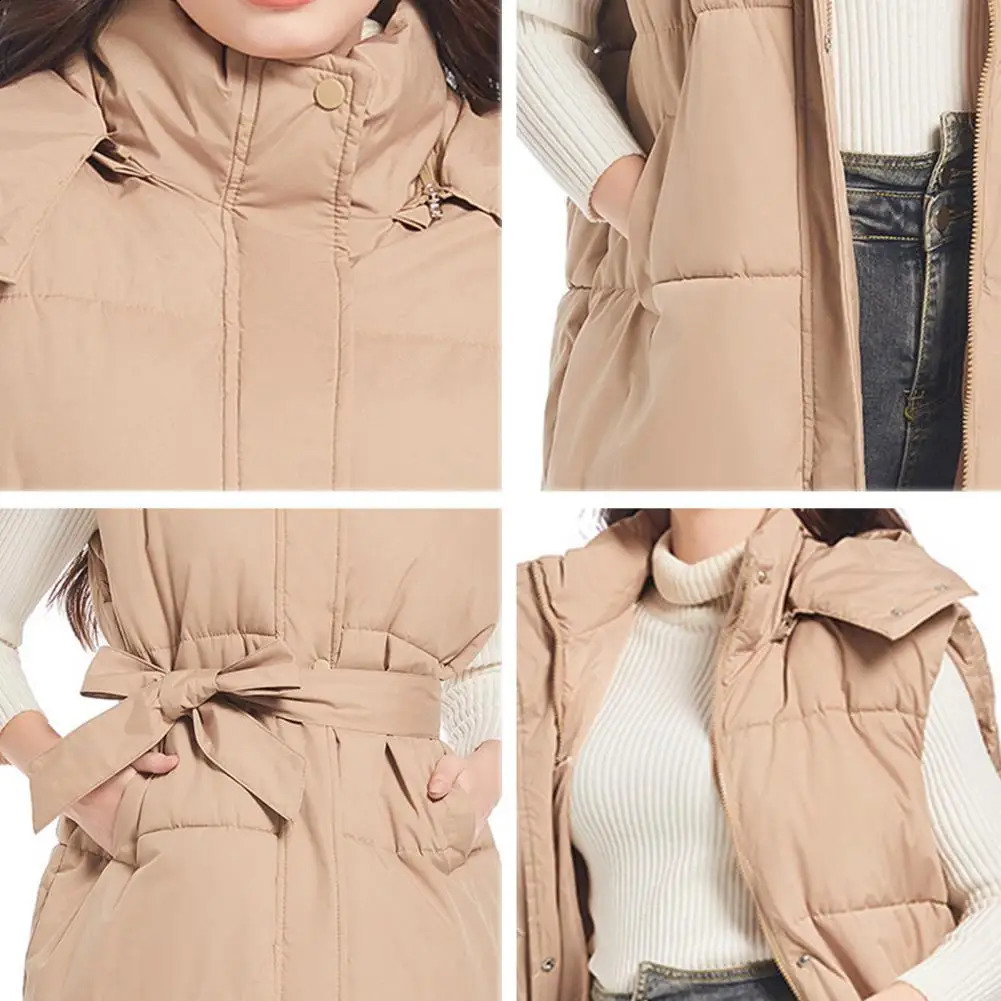 Thicken Winter Women Vest Coat with Belt Padded Stand Collar Sleeveless Calf Length Down Waistcoat Outerwear 251027