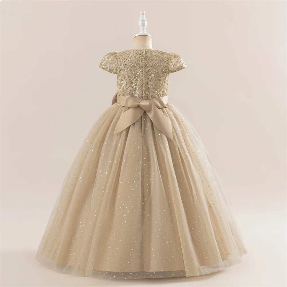 Girls Flower Embroidery Party Dress Kids Big Bow Long Wedding Bridesmaid Prom Gown Girl Fashion Lace Birthday Clothes Costumes 251023