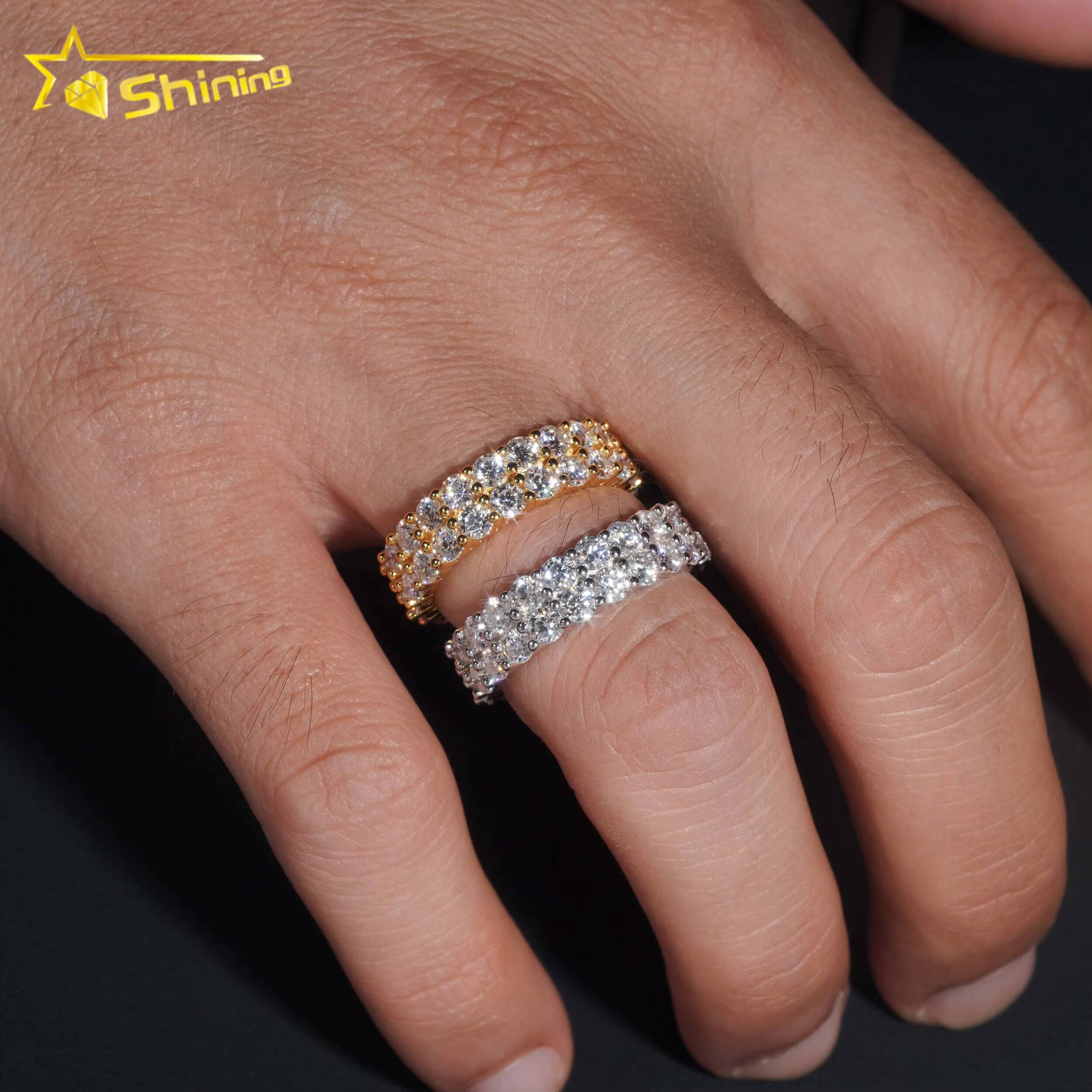 Fine Jewelry GRA Solid 925 Sterling Silver Gold Plated Iced Out Diamond Moissanite Fully Iced Double Rows Wedding Band Ring