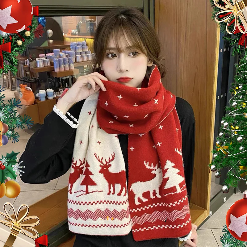 Christmas Women Men Scarf DoubleSided Deer Elk Teenager Girls Boys Knitted Shawl Adult Winter Scarves Family Year Gift 251024