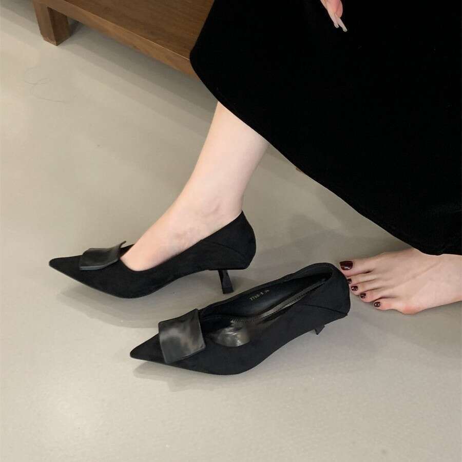 2025 New Autumn Women's Designer High Heels - French-Style Elegant Pointed-Toe Pumps, Shallow Mouth & Metal Buckle Detail