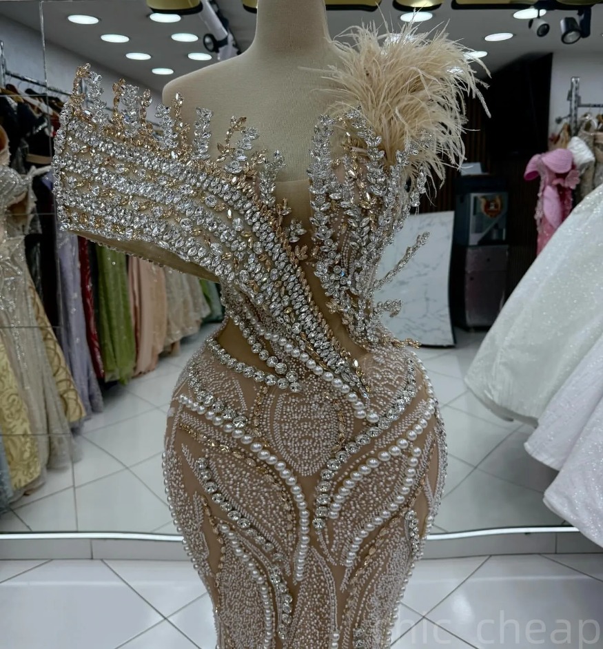Champagne Mermaid Prom Dresses 2026 Illusion Crystals Feather Evening Formal Party Second Birthday Engagement Gowns Plus Size Dress For Special Occasi - view 3