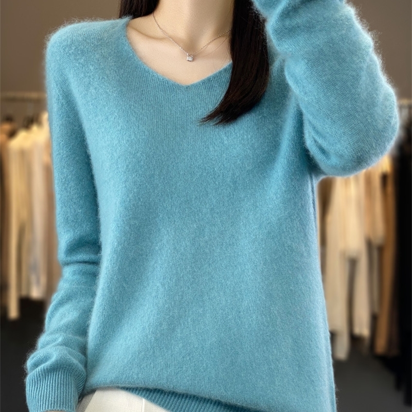 Fashion100 Merino Wool Sweater Cashmere Pullover Women Knitwear VNeck Long Sleeve Autumn Winter Fashion Basic Clothing Tops 251027