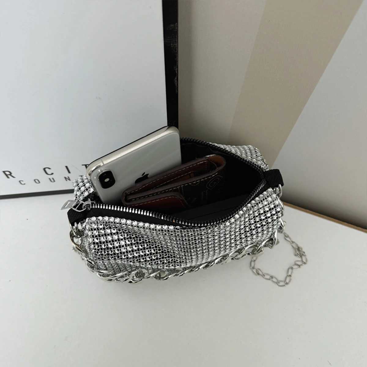 Glamorous Evening Bag Shoulder Handbag for Women Shiny Rhinestone Chain Handle PVC Materialfor Party Gala Formal EventsW251028