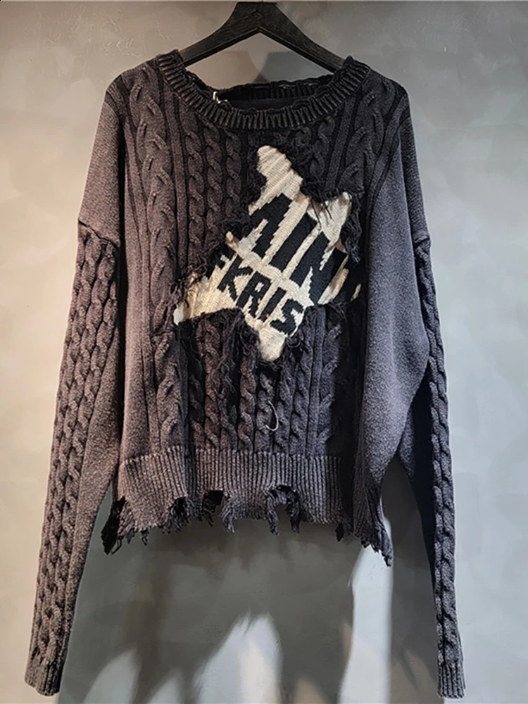 DEAT Womens Sweater Loose Patchwork Letters Distressed Long Sleeve Knitted Tassel Pullover Summer 2025 Fashion 29L8324 251027