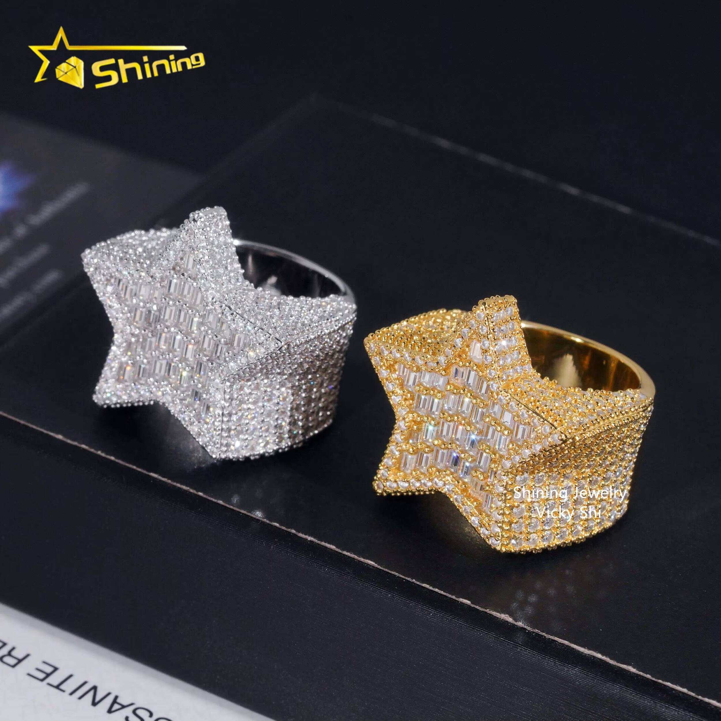 New Arrival Moissanite Hip Hop Men Ring Sterling Silver 925 Gold Plated Iced Out Baguette Moissanite Star Ring