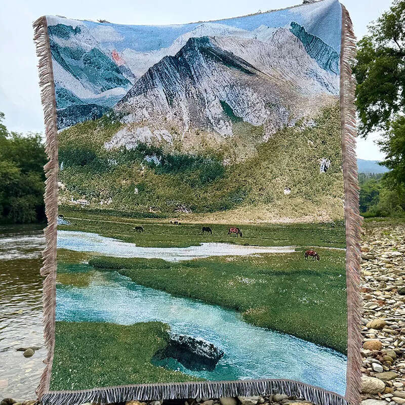 Mountain Landscape Picnic Sofa Throw Tapestry Cover Jacquard Woven Thread Blanket