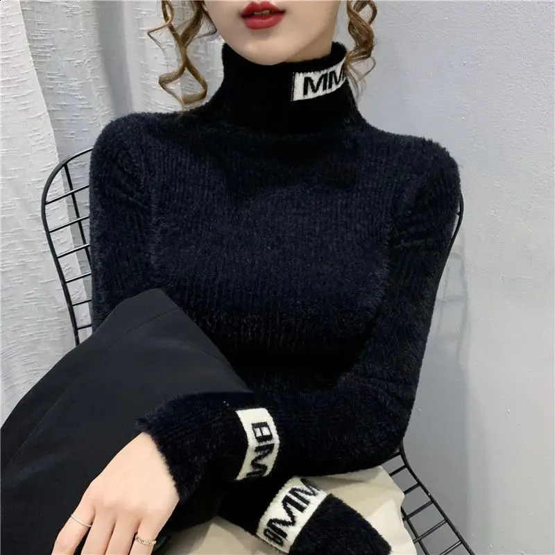 Autumn Winter Letter Printing Sweaters Long Sleeve High Neck Solid Color Slim Youth Pullovers Elegant Fashion Women Clothing 251027