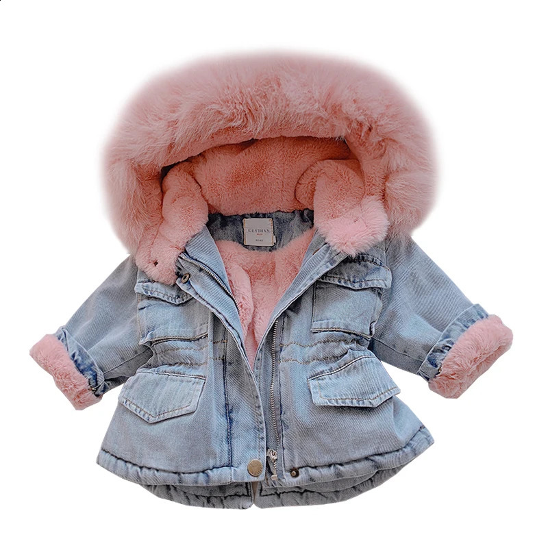 OLEKID Winter Baby Girl Denim Jacket Plus Velvet Fur Warm Toddler Girl Outerwear Coat 15 Years Kids Infant Girl Parka 251023