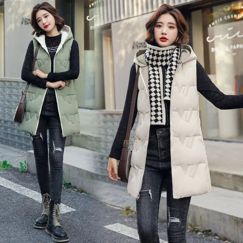 Womens Long Hooded Cotton Vest Padded Waistcoat Doublesided Down Warm Female Autumn Winter 251027