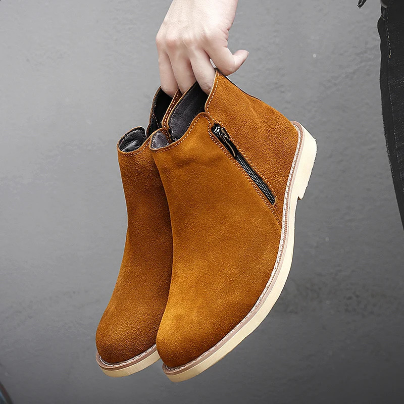 Vintage Basic Sand Color Men Suede Chelsea Boots Natural Leather Zip Pointed Toe Formal Ankle Boots Men Wood Zapatillas Hombre 251023
