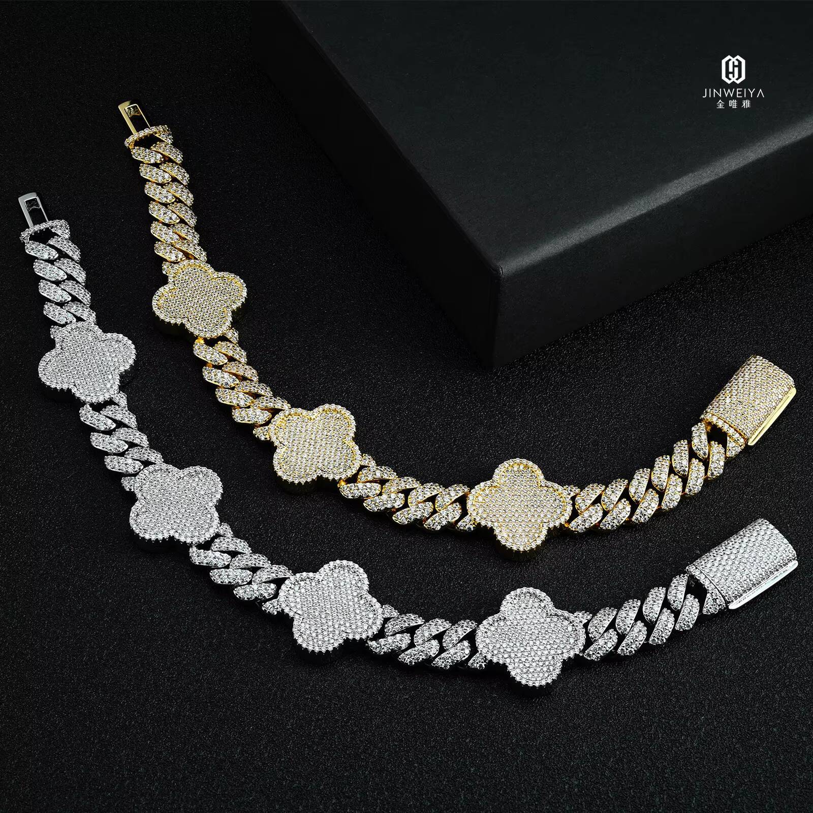 HipHop Jewelry 925 Silver Exquisite Chain Link Bracelet Lucky Flower VVS Moissanite Cuban Chain Luxury 10mm Cuban Chain Bracelet