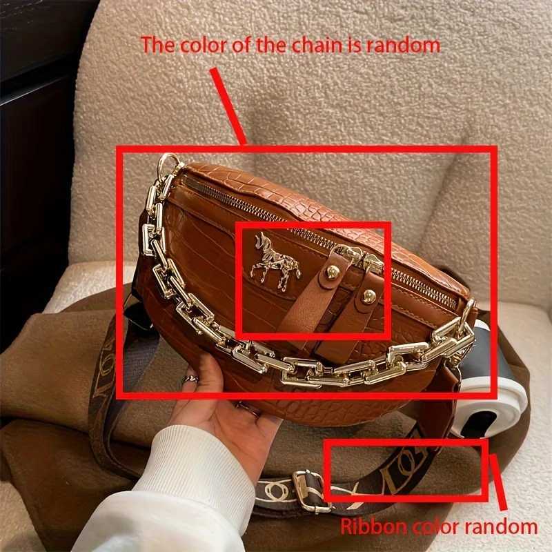 Trendy PU Chest Bag Stylish Single Shoulder Saddle Bag with Crocodile Pattern Chain Wide Belt Crossbody Bags for Women Daily UseW251028