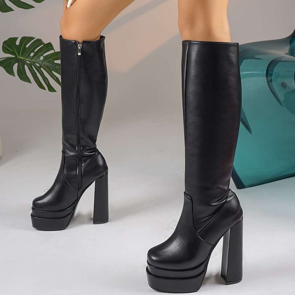 Elegant Black Knee-High With Chunky Heel, Square Toe, And Zipper - Synthetic Cover, Fabric Lined, PU Sole, Perfect For A Trendy Look, Stylish Boots|Ch