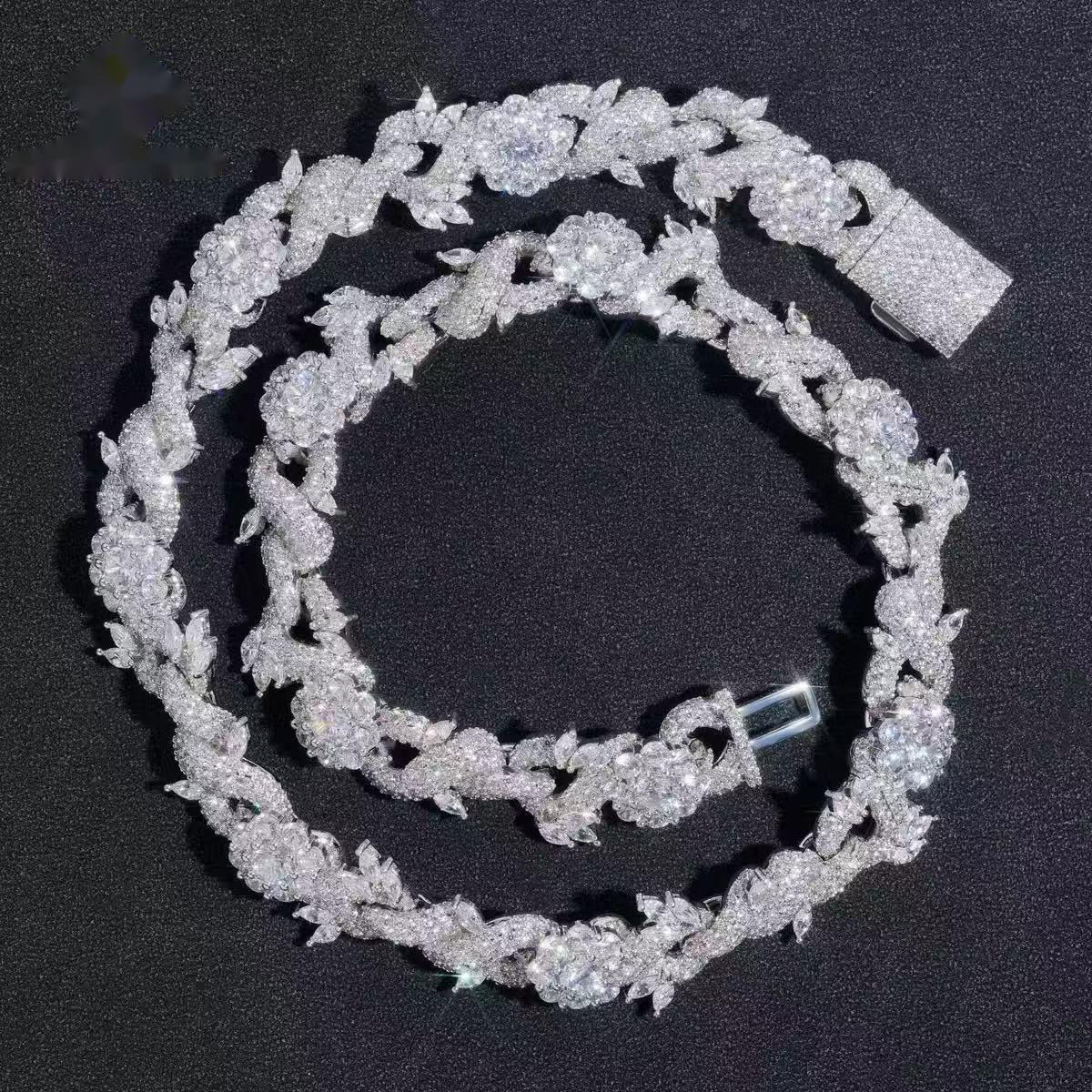 Flower Fancy Design Moissanite Cuban Chain Hip Hop Rock 925 Silver Cuban Link Chain Moissanite Cuban Bracelet