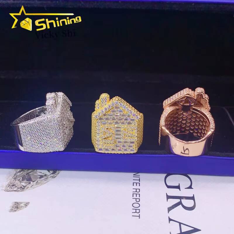 Fine Jewelry 925 Solid Silver House Style Iced Out Baguette Moissanite Diamond Ring Custom Moissanite Men Hip Hop Rings