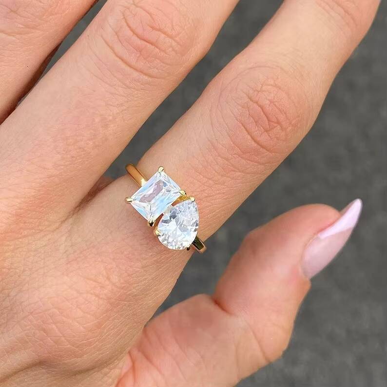 Goldleaf Jewellery 14k Solid Yellow Gold Double Stone Wedding Ring Rectangle Cut Pear Cut D VVS Moissanite Bride Ring Engagement